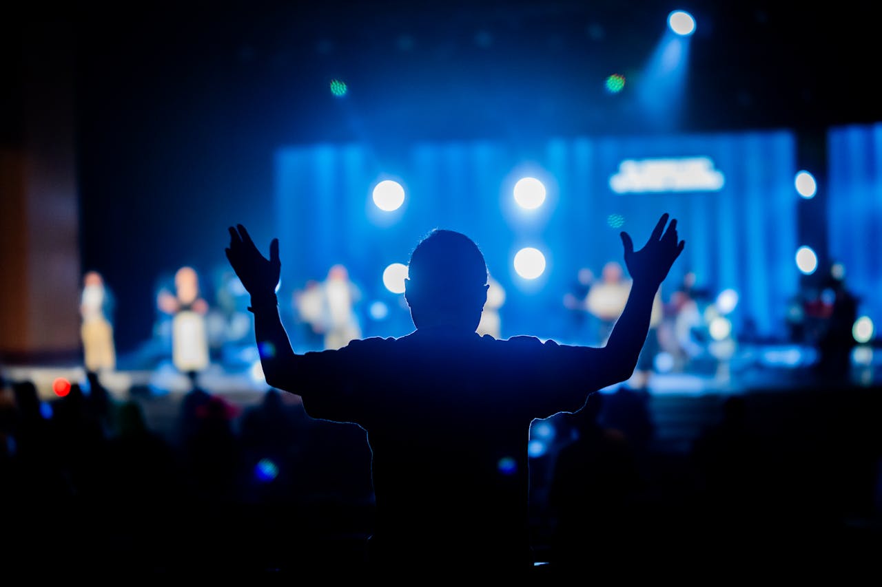 services-03 Silhouette of a person with raised hands at a vibrant concert stage.